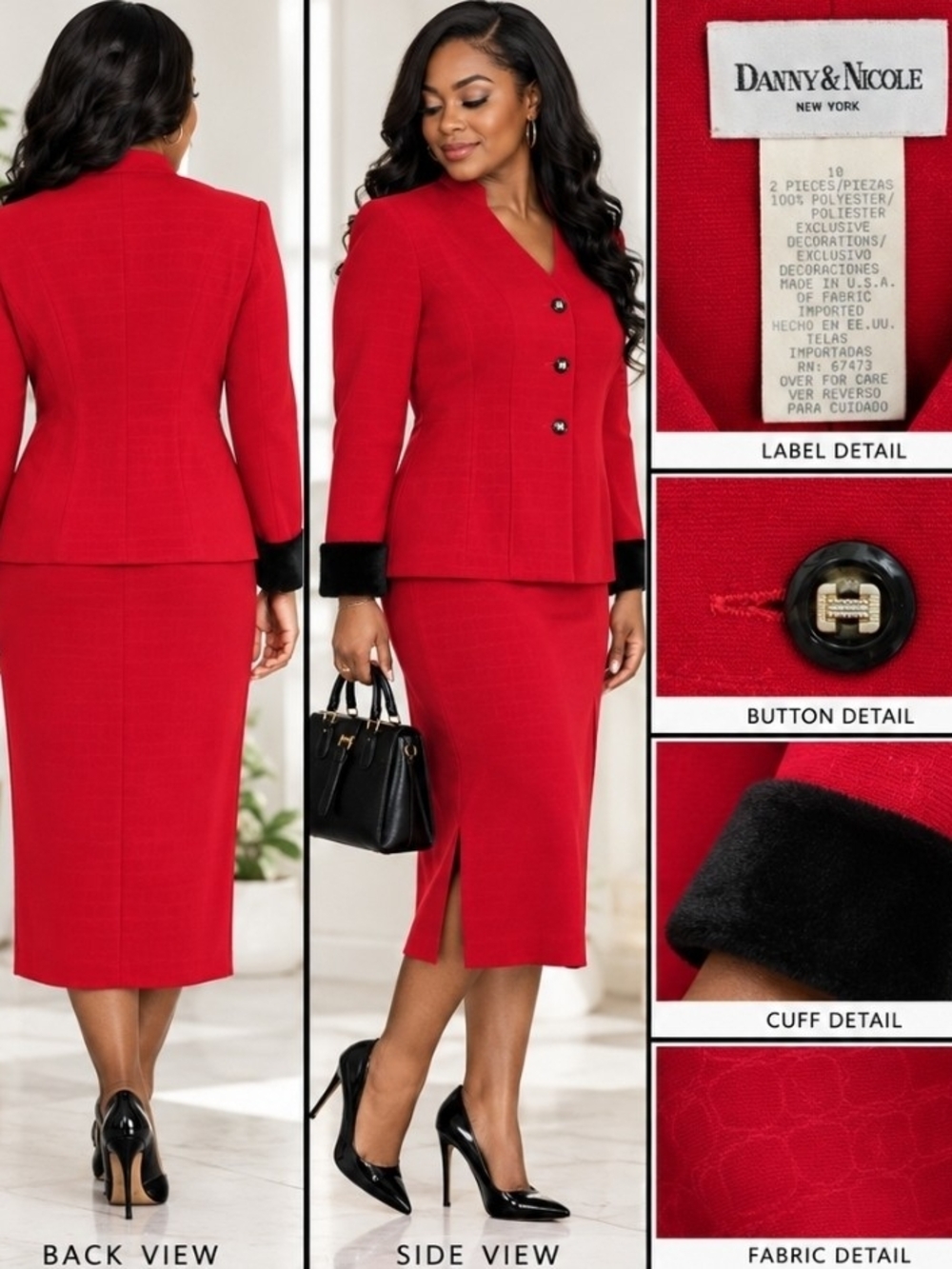 Danny & Nicole Red Pencil Skirt Suit with Black Faux Fur Cuffs